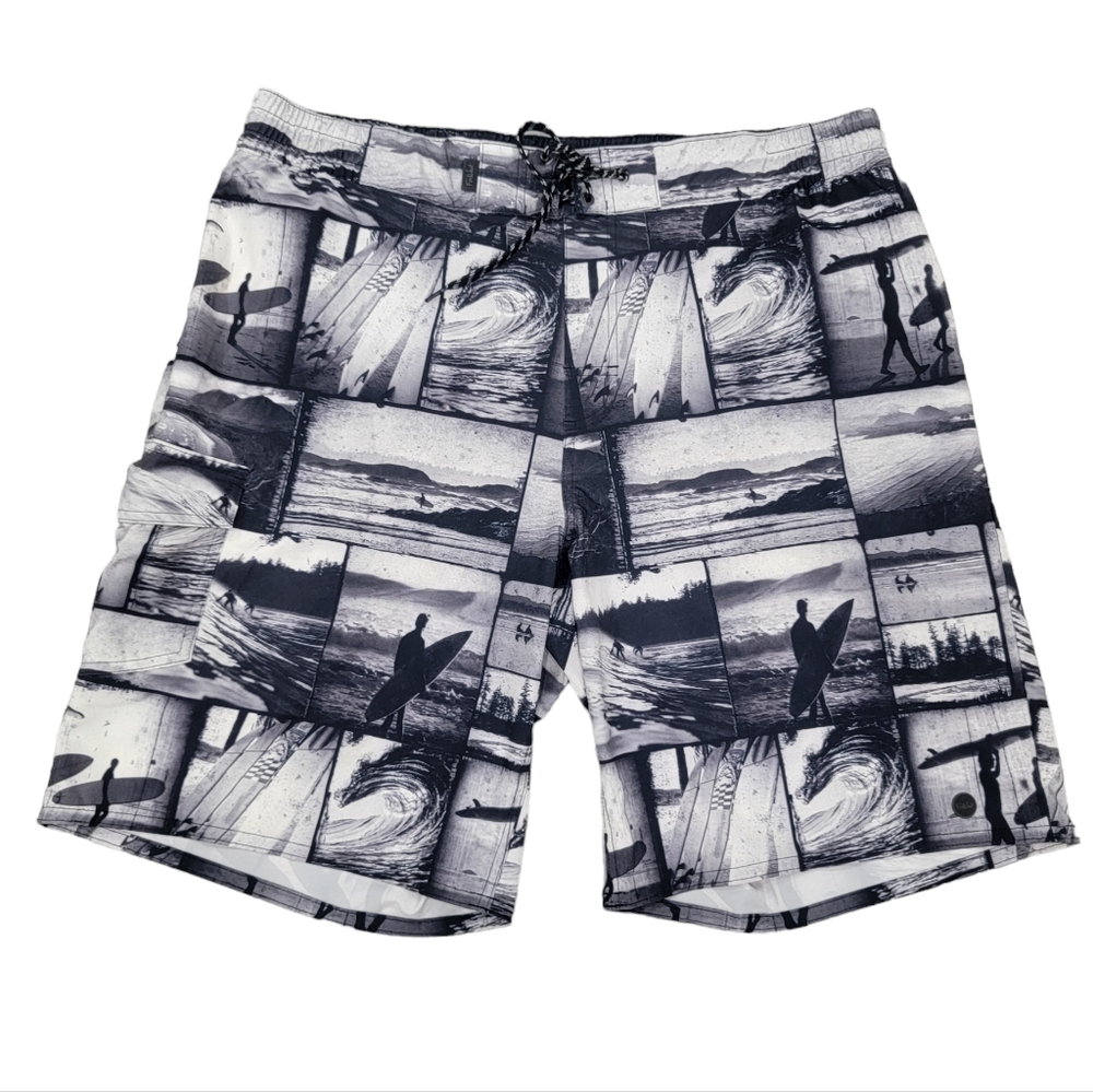 Far West Men’s Swim Trunks Board Shorts Black Grey Surf Print Sporty Siz…
